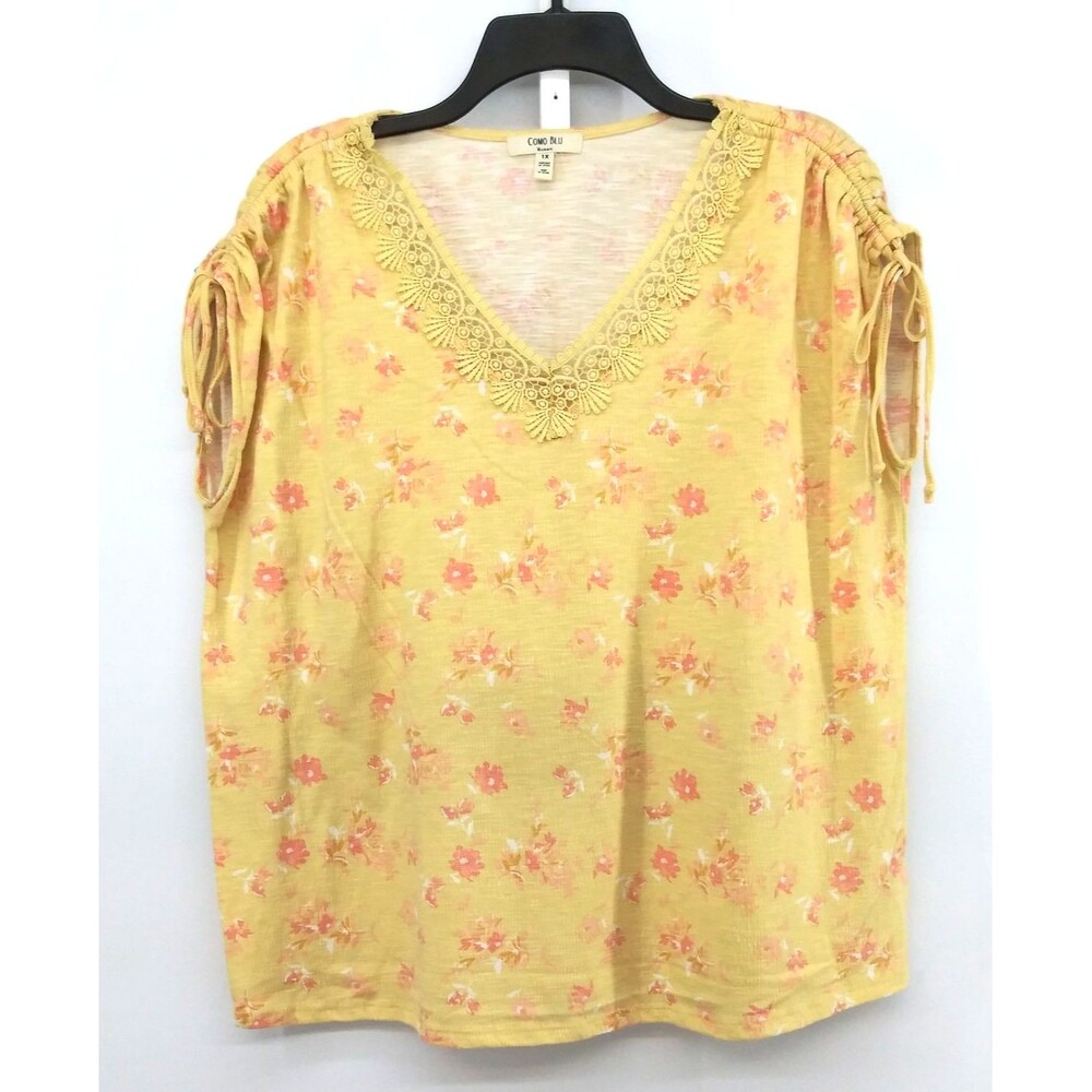 Como Blu Shirt Women Plus Size 1X Yellow Floral Lace V Neck Short Sleeve Casual